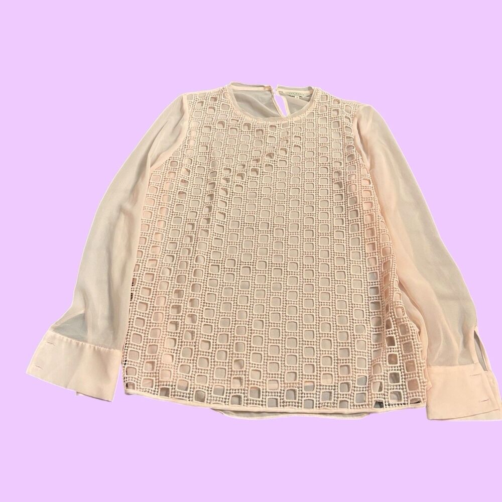 Ted Baker London Blouse Women's Size Large (3) Pink Geometric Eyelet Sheer